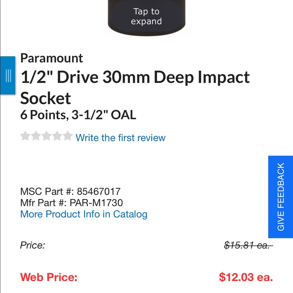 paramount 1/2 drive 30mm 6point deep impact socket